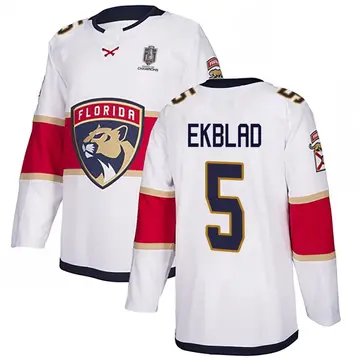 Men's Aaron Ekblad Florida Panthers ＃5 Authentic White Away 2025 Stanley Cup Champions Patched Jersey