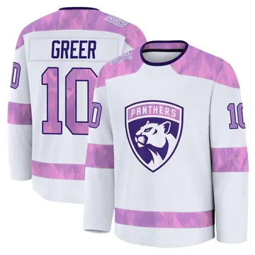 Men's A.J. Greer Florida Panthers ＃10 Premium White 2024 Hockey Fights Cancer Practice Jersey