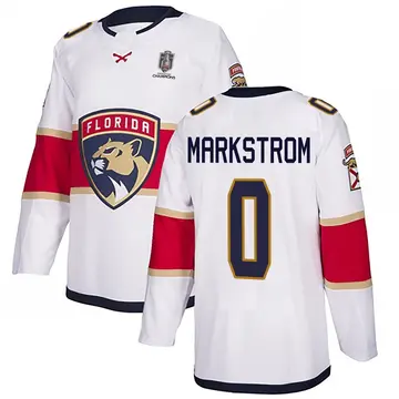 Men's Jacob Markstrom Florida Panthers ＃0 Authentic White Away 2025 Stanley Cup Champions Patched Jersey