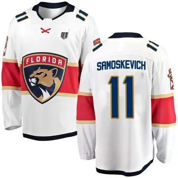 Men's Mackie Samoskevich Florida Panthers ＃11 Breakaway White Away 2025 Stanley Cup Final Jersey