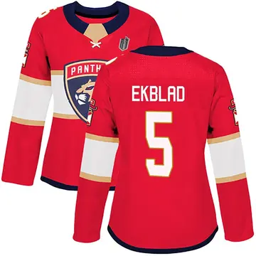Women's Aaron Ekblad Florida Panthers ＃5 Authentic Red Home 2025 Stanley Cup Final Jersey