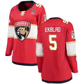 Women's Aaron Ekblad Florida Panthers ＃5 Breakaway Red Home 2025 Stanley Cup Champions Patched Jersey