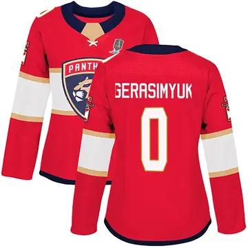 Women's Kirill Gerasimyuk Florida Panthers ＃0 Authentic Red Home 2025 Stanley Cup Champions Patched Jersey