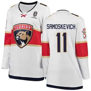 Women's Mackie Samoskevich Florida Panthers ＃11 Breakaway White Away 2025 Stanley Cup Champions Patched Jersey