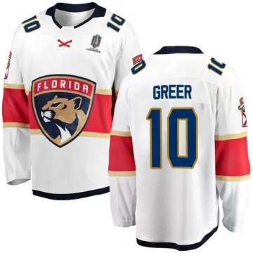 Youth A.J. Greer Florida Panthers ＃10 Breakaway White Away 2025 Stanley Cup Champions Patched Jersey